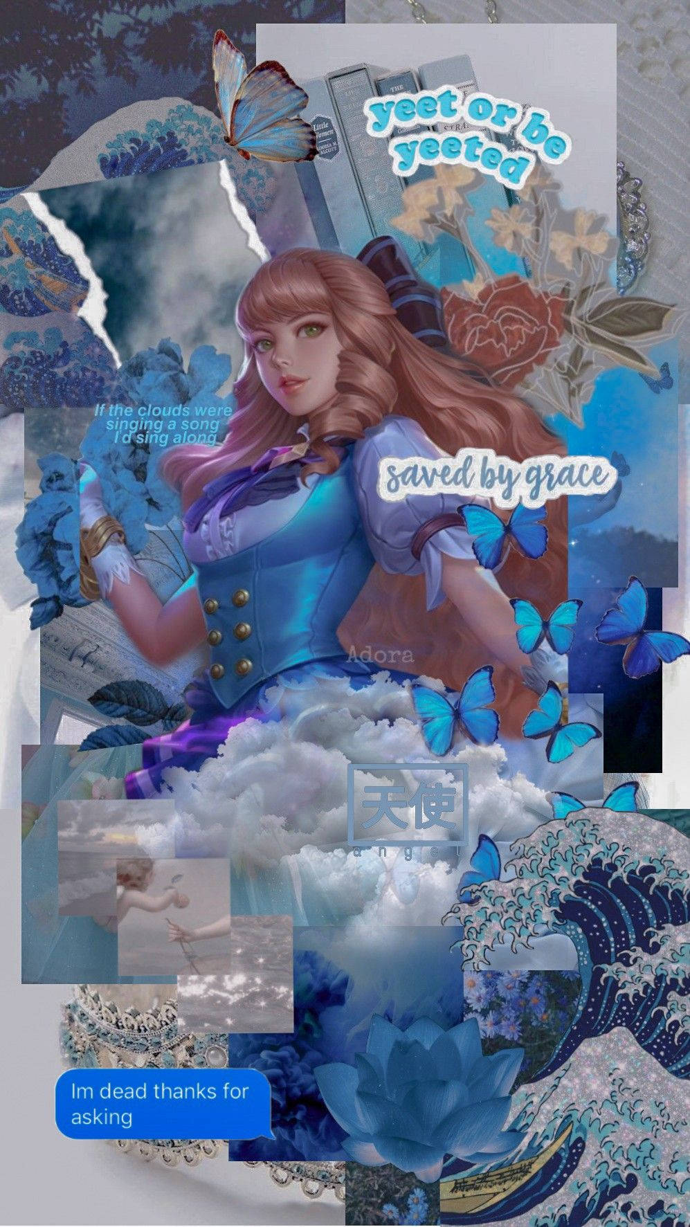 Guinevere 桌布 壁紙 — 一幅動漫女孩的拼貼畫，以冷藍色調呈現藍色蝴蝶和海洋波浪圖案。