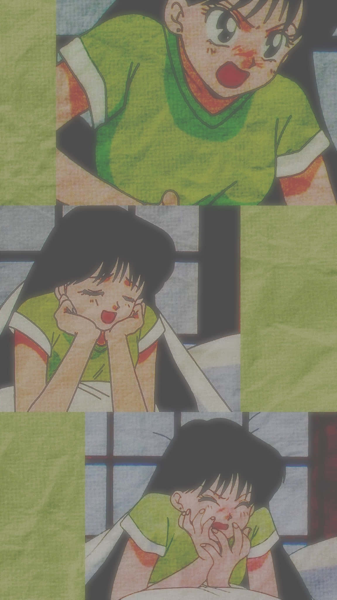 sailor mars 桌布 壁紙 — 一幅動漫少女面板拼貼畫，在綠色紋理背景上展示誇張的震驚和痛苦表情。
