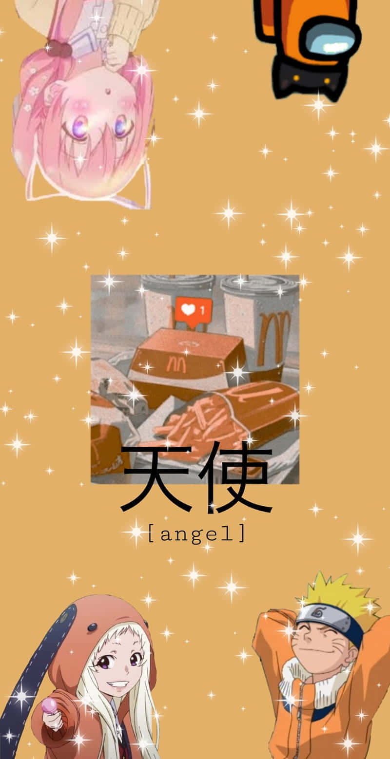 Anime Aesthetic iPhone 桌布 壁紙 — 一幅動漫角色和流行文化圖標的拼貼畫，漂浮在閃爍的金色背景上，帶有天使一詞。