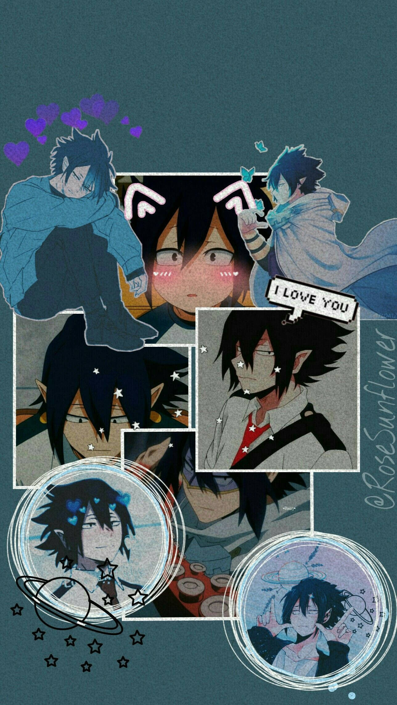 Tamaki Amajiki 桌布 壁紙 — 一幅動漫角色拼貼畫，帶有心形和星星，背景為青綠色。