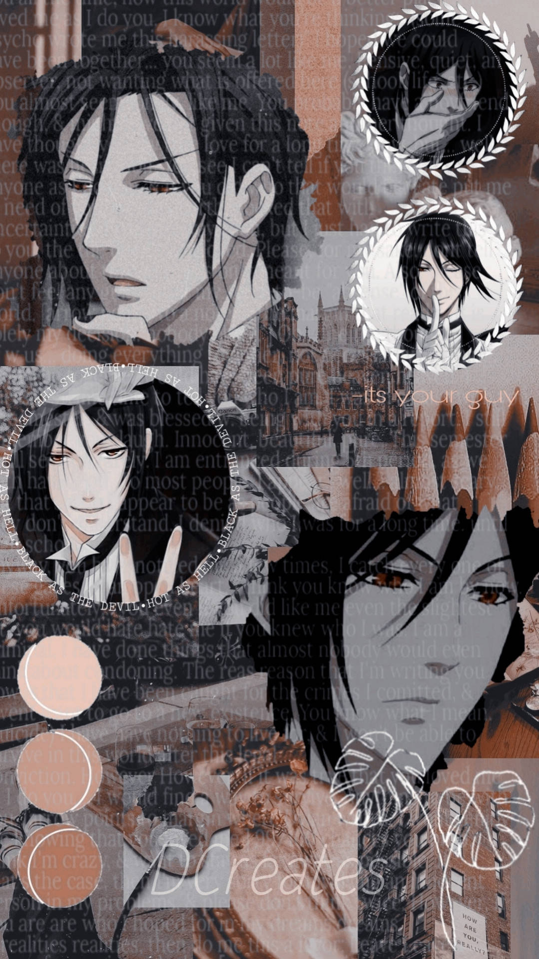 Black Butler 桌布 壁紙 — 一幅動漫角色拼貼畫，採用柔和的大地色調和文字疊加，營造出憂鬱的氛圍。