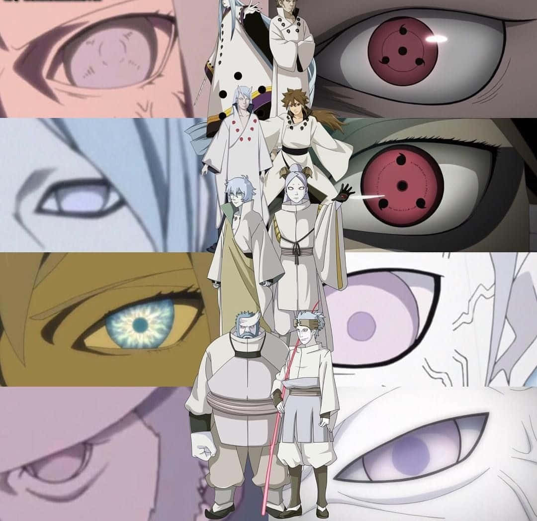 Asura ōtsutsuki 桌布 壁紙 — 一幅動漫角色拼貼畫，角色擁有獨特的眼睛和白色長袍，展示強大的超自然眼術。