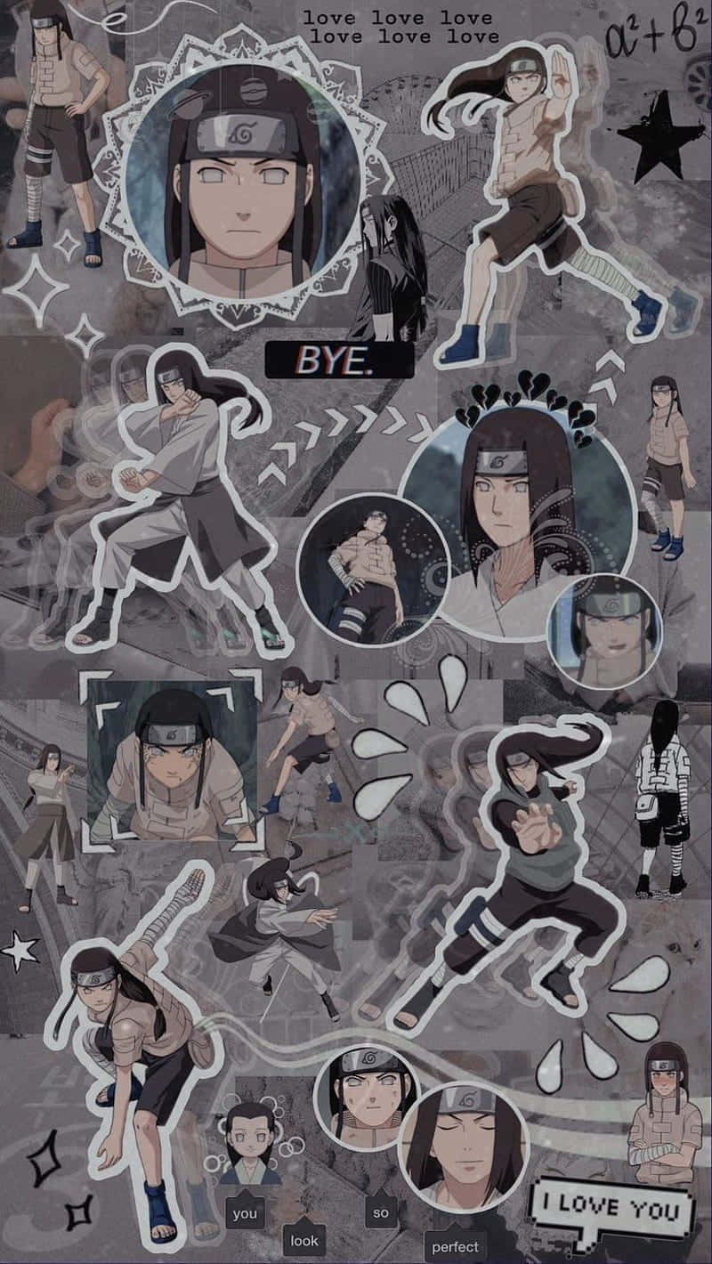 Neji Hyuga 桌布 壁紙 — 一幅動漫角色肖像和動作姿勢的拼貼畫，帶有浪漫文字疊加和柔和色調的數學符號。