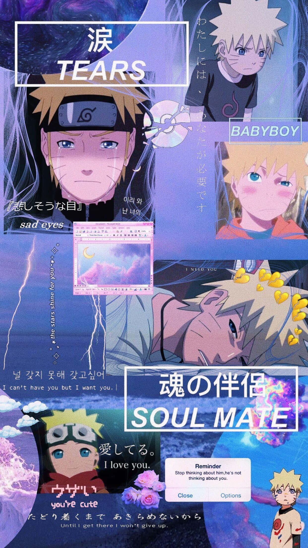 Naruto Alone 桌布 壁紙 — 一幅動漫角色鳴人在紫色風暴背景上，以各種情緒狀態呈現的拼貼畫，並帶有文字疊加。