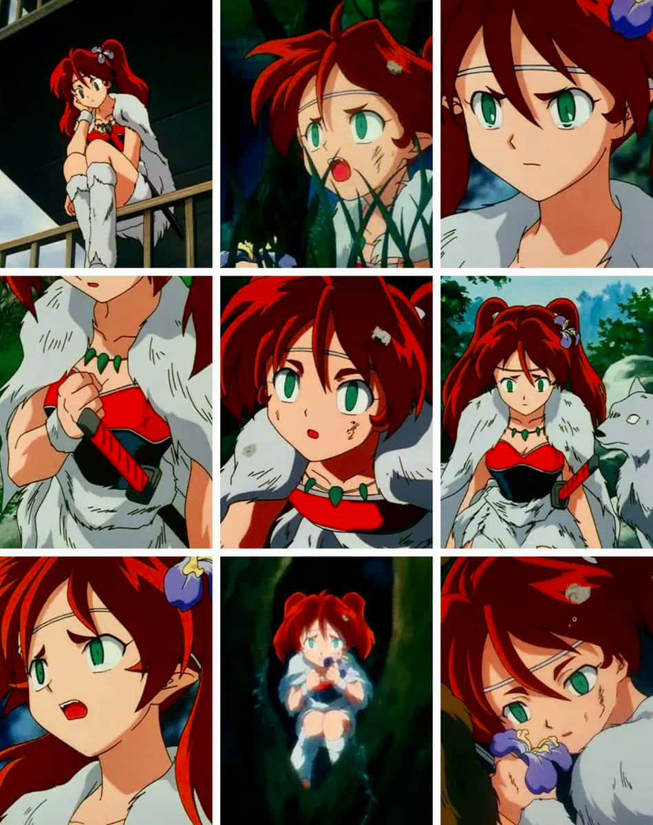 Inuyasha Ayame 桌布 壁紙 — 一幅動漫面板拼貼畫，展示一位紅髮綠眼的女孩，以各種富有表現力的姿勢和場景呈現。