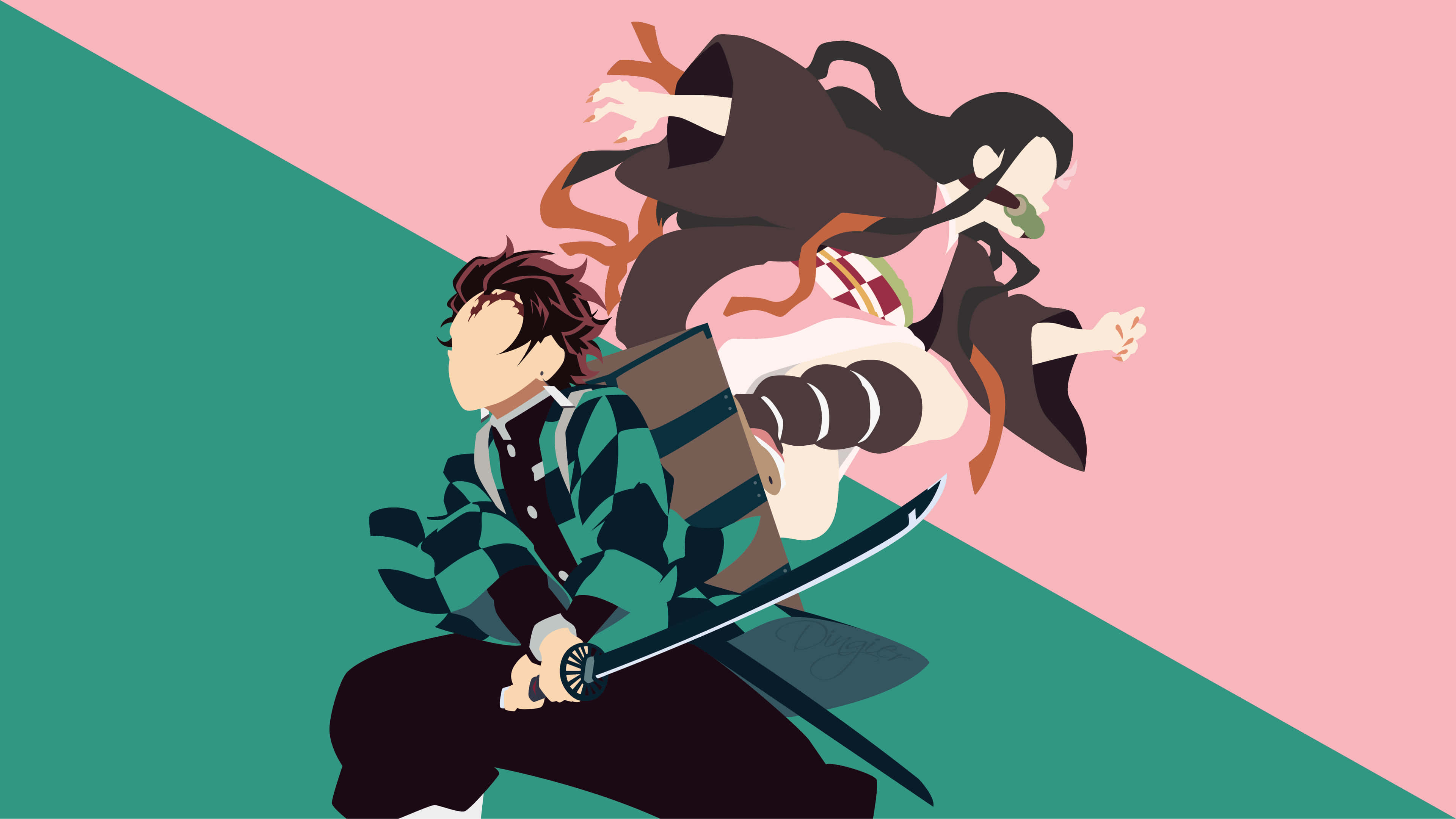 桌布 壁紙 — 一幅動漫風格插圖，描繪一位身穿綠色格子紋和服的劍士，面對一位黑髮飄逸的惡魔，背景為粉紅和青綠色的對角線。