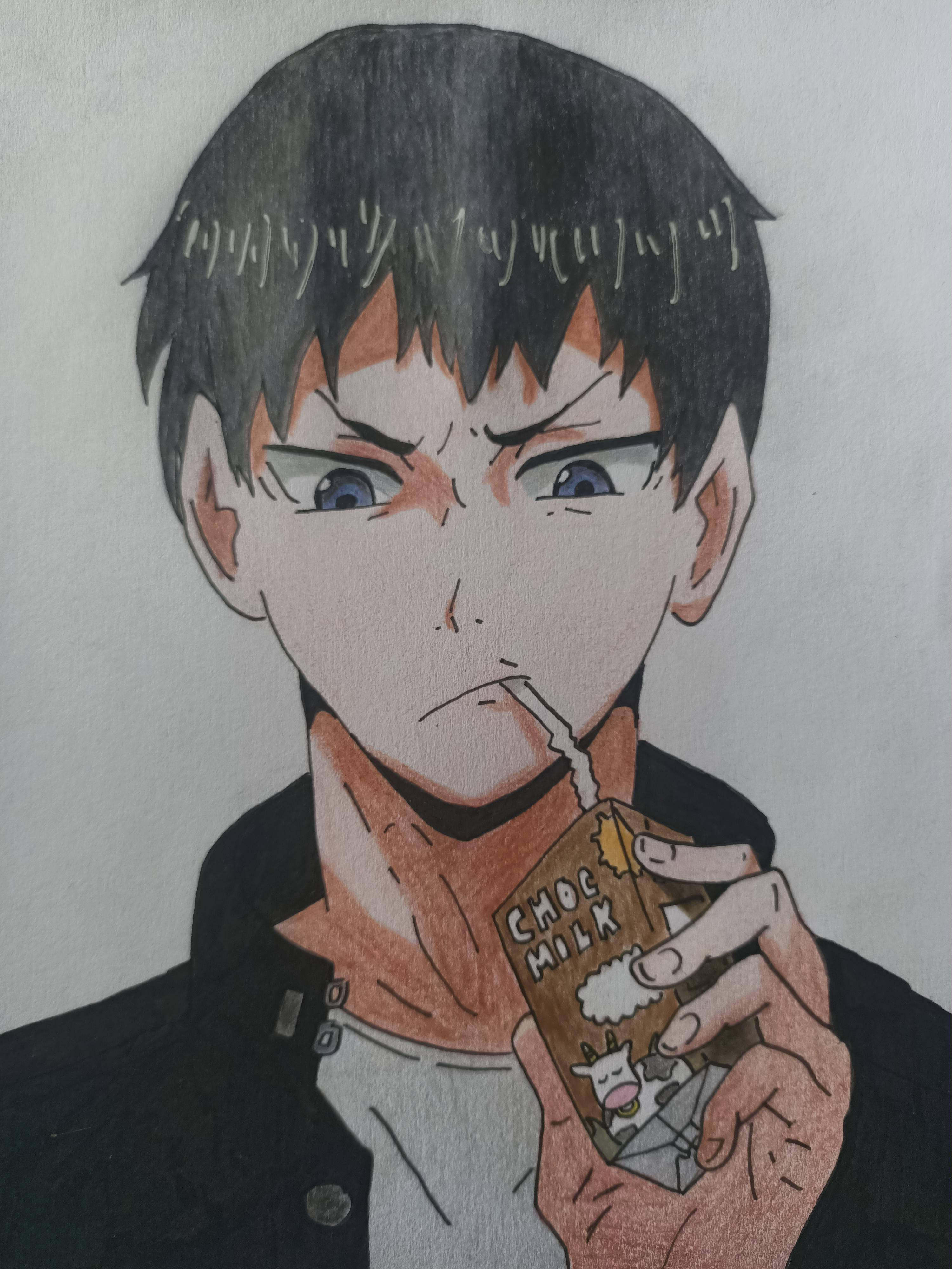 動漫繪圖 桌布 壁紙 — 一幅動漫風格插圖，描繪一位黑髮藍眼的年輕男子，正以強烈的表情從 'CHOE MILK' 紙盒中飲用。