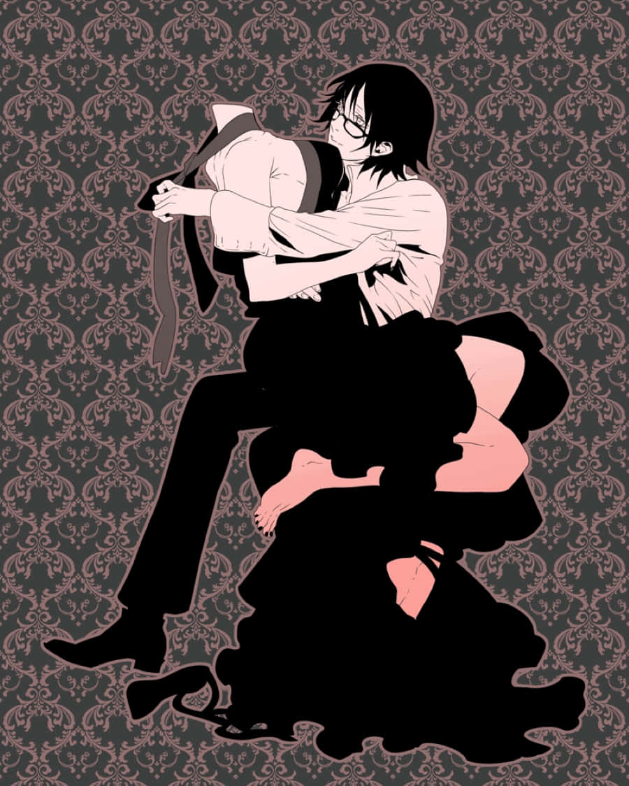 Shinra Kishitani 桌布 壁紙 — 一幅動漫風格插圖，描繪一男一女在深色錦緞壁紙背景前熱情擁抱。