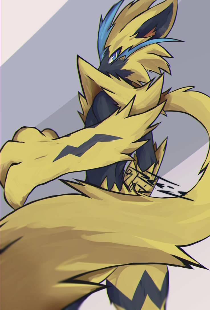 Zeraora 桌布 壁紙 — 一幅動漫風格插圖，描繪一隻黃藍色閃電主題的狐狸狀生物，擁有尖銳的刺狀毛髮和發光的眼睛。