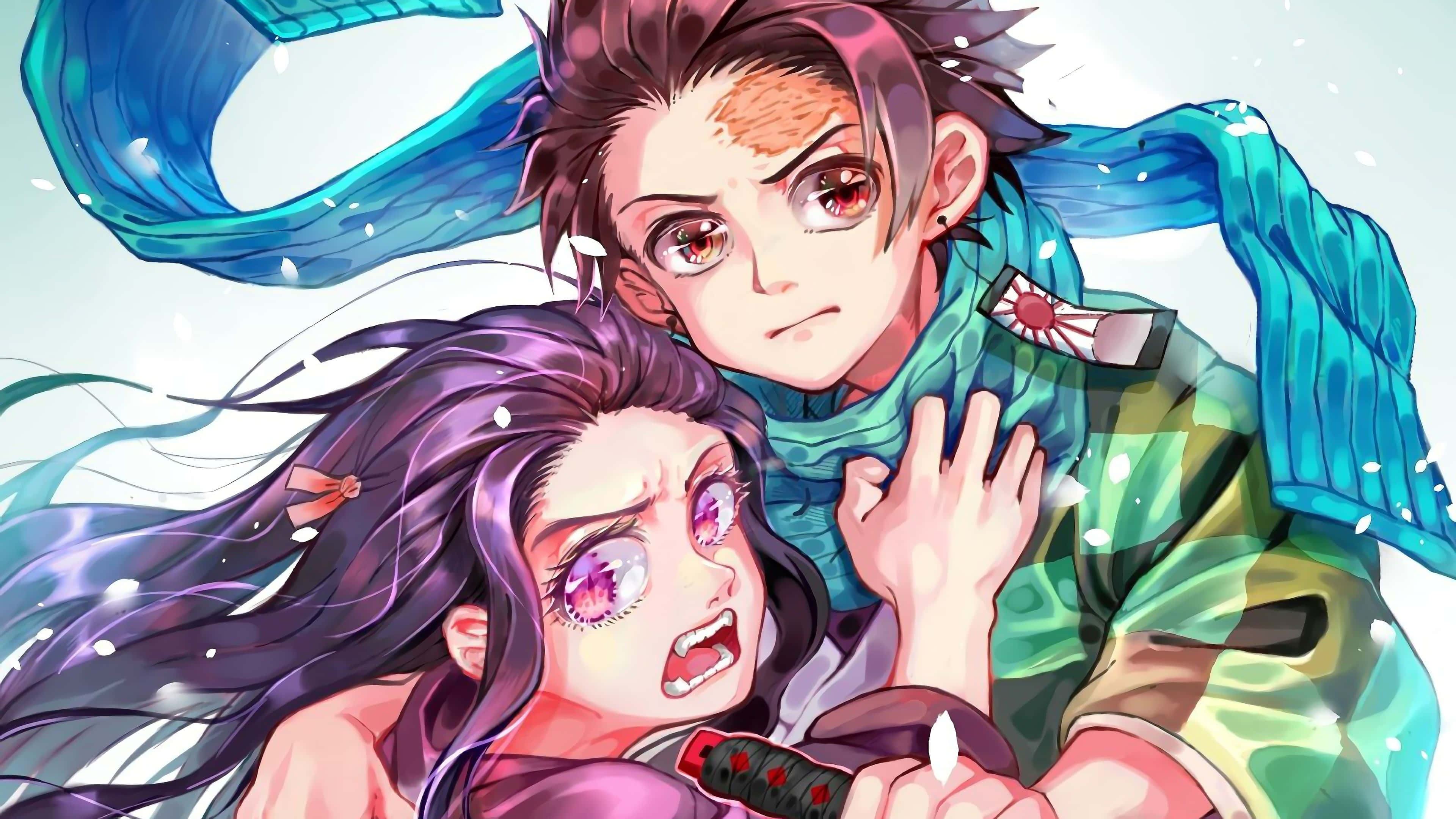 Demon Slayer Group 桌布 壁紙 — 一幅動漫風格插圖，描繪兩個角色在雪景中，動作動感十足，表情強烈。