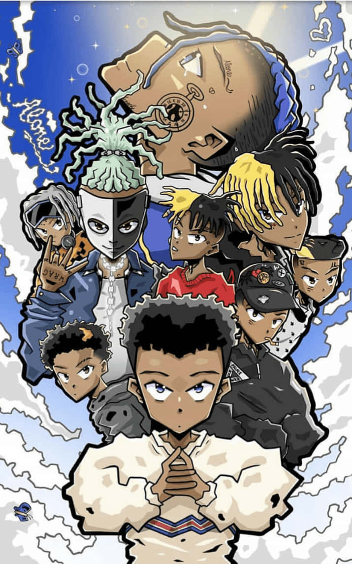在宇宙環境中，擁有各種髮型和表情的動漫角色。 — Juice Wrld 壁紙