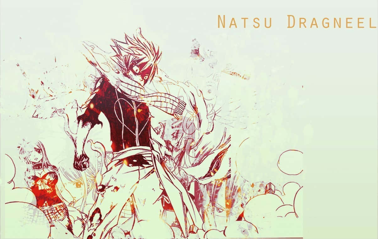 natsu dragneel 桌布 壁紙 — 一幅動漫風格插圖，描繪納茲·多拉格尼爾在淡色背景上以火紅與白色的線條展現動態動作。