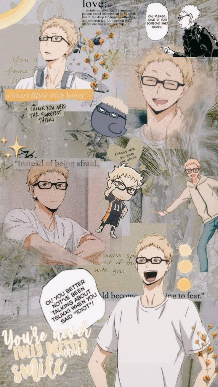 kei tsukishima 桌布 壁紙 — 一幅動漫風格插圖拼貼，展示一位戴眼鏡的金髮角色，呈現多種表情豐富的姿勢和對話氣泡。
