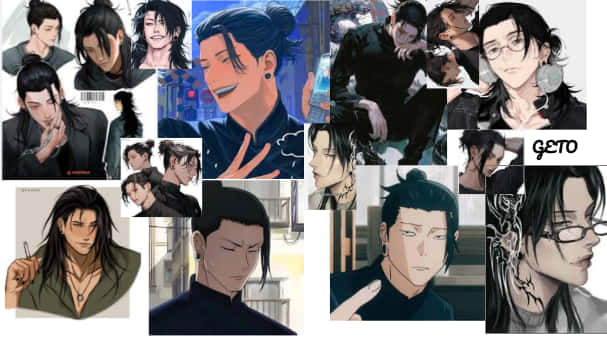 jjk 桌布 壁紙 — 一幅動漫風格男性角色的拼貼畫，黑髮，表情強烈，背景為城市環境。