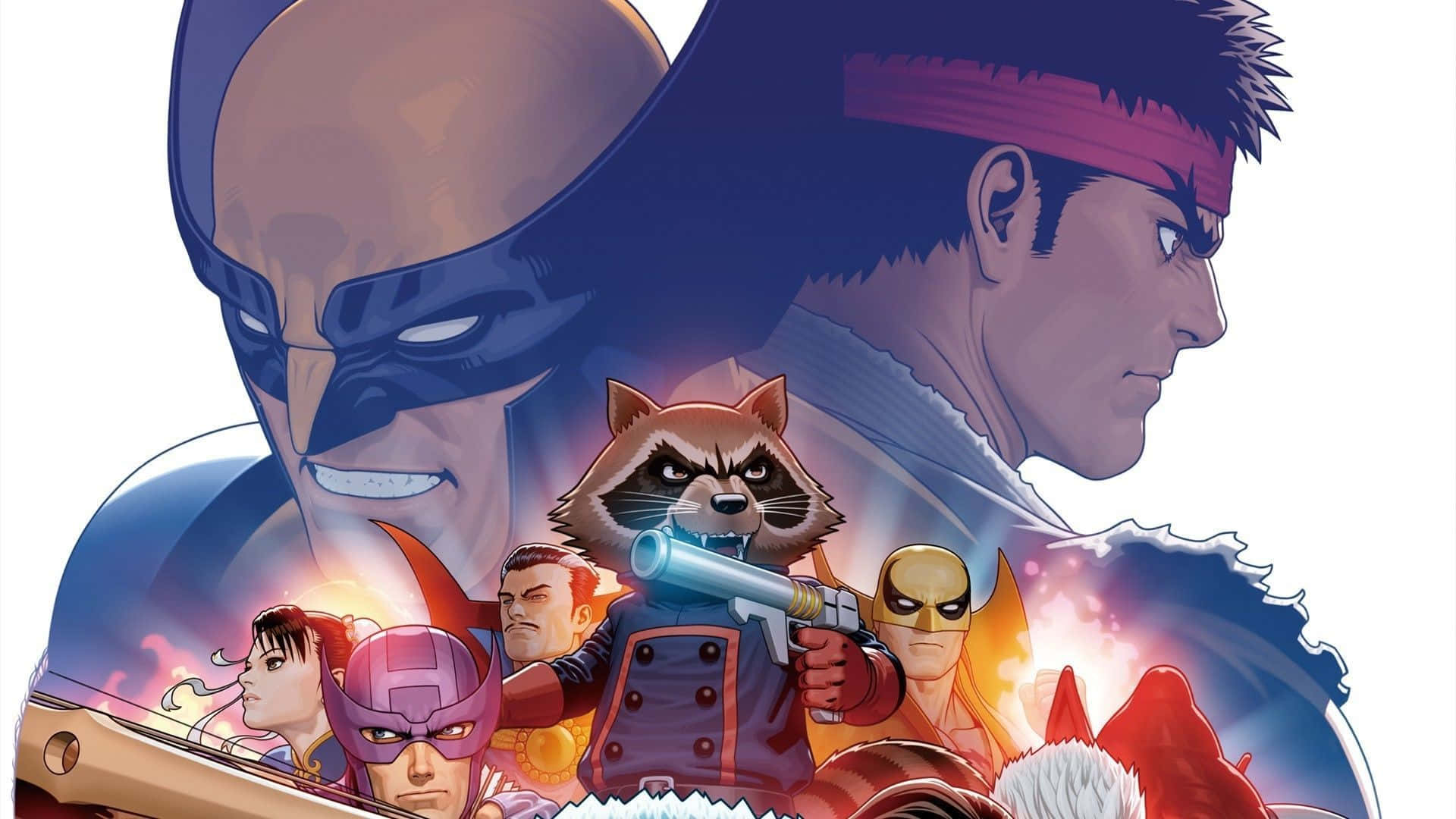 Marvel Vs Capcom Characters 桌布 壁紙 — 一幅動漫風格的動態插圖，描繪火箭浣熊和其他超級英雄在發光的宇宙背景下擺出大膽姿勢。