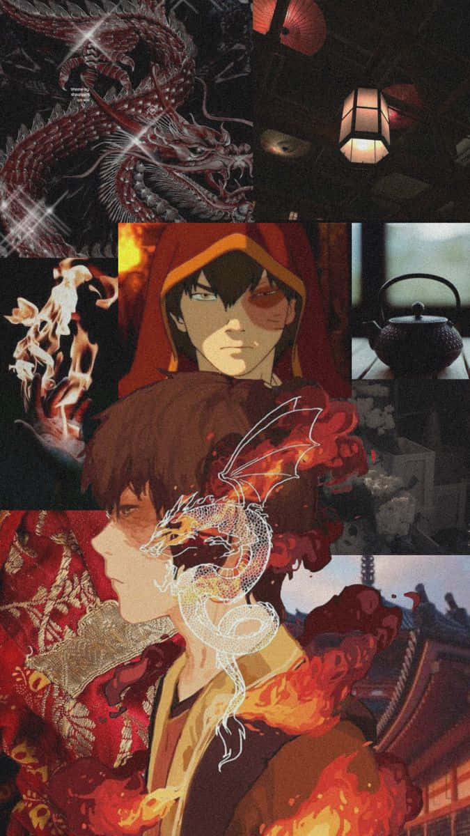 祖寇 桌布 壁紙 — 一幅動漫風格角色和神話龍的拼貼畫，以火紅和深邃陰影呈現，融合傳統日本圖案與發光的超自然元素。