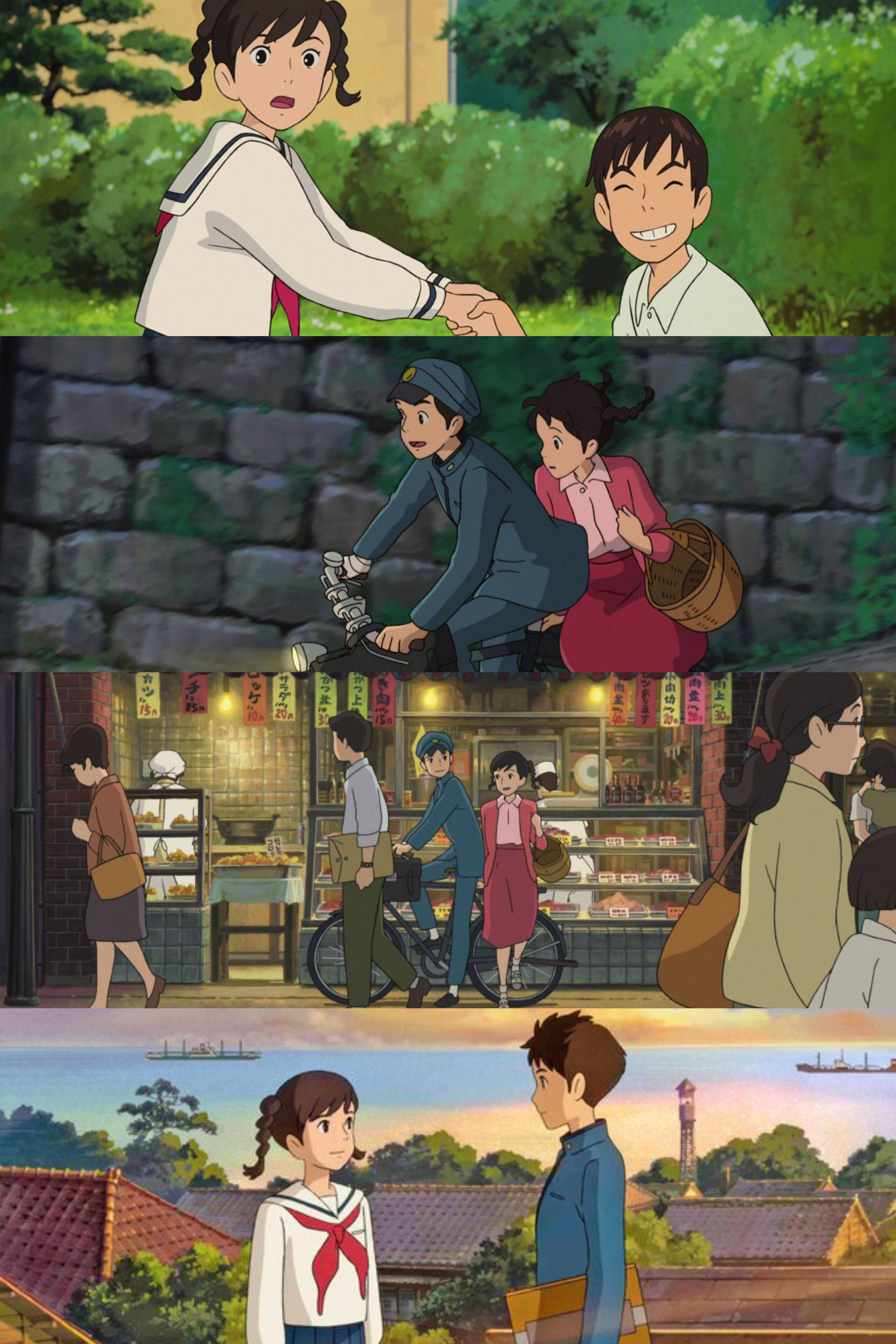 來自紅花坂 桌布 壁紙 — 一幅動畫場景拼貼畫，描繪一名女孩和一名男孩穿著校服，在翠綠的環境和繁忙的街市中互動。