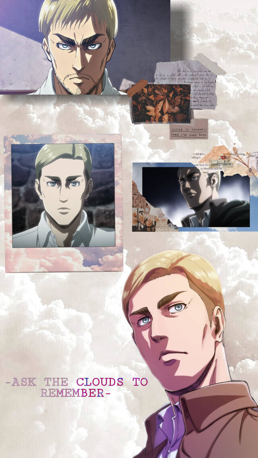 進擊的巨人 角色 桌布 壁紙 — 一幅動畫肖像拼貼畫，描繪一位金髮男子，擁有強烈的藍色眼睛，背景是柔和的雲朵，散落著筆記和一句引言。