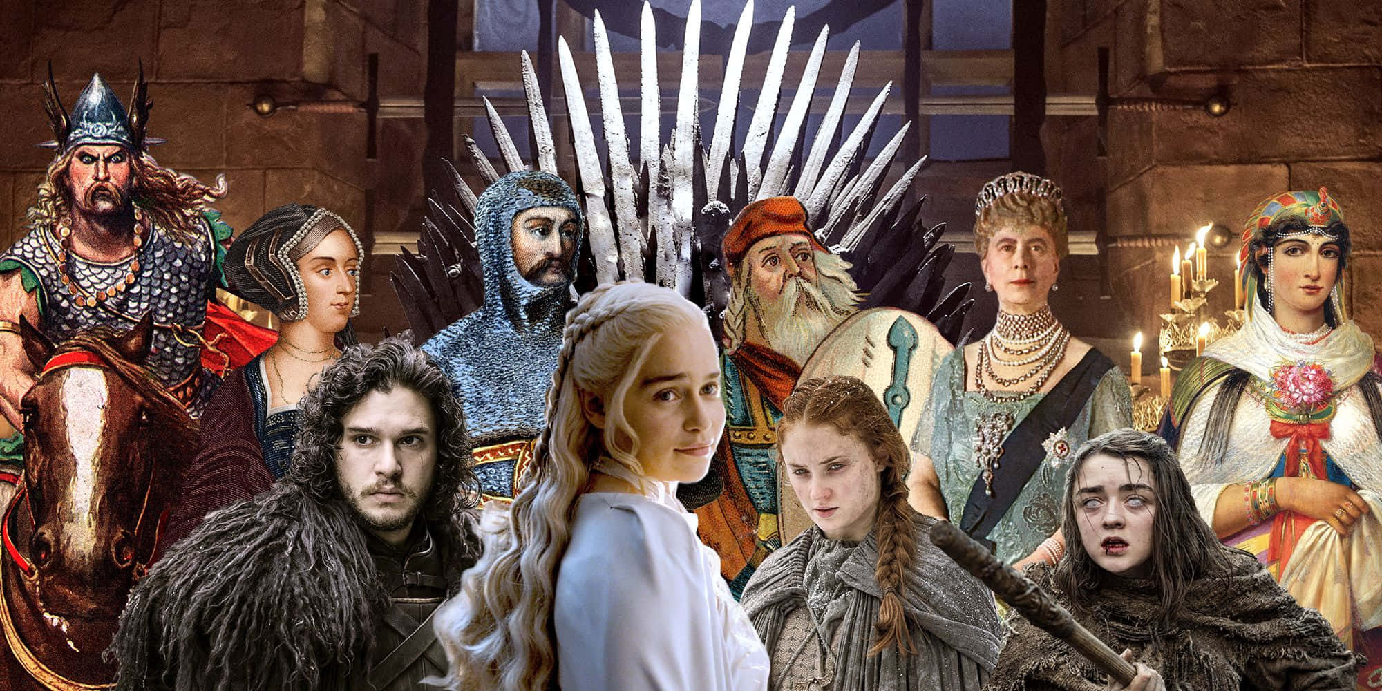 冰與火之歌 桌布 壁紙 — 一幅包含Daenerys Targaryen和Jon Snow等標誌性奇幻和歷史人物的拼貼畫，背景是帶有尖刺鐵王座的王座室。