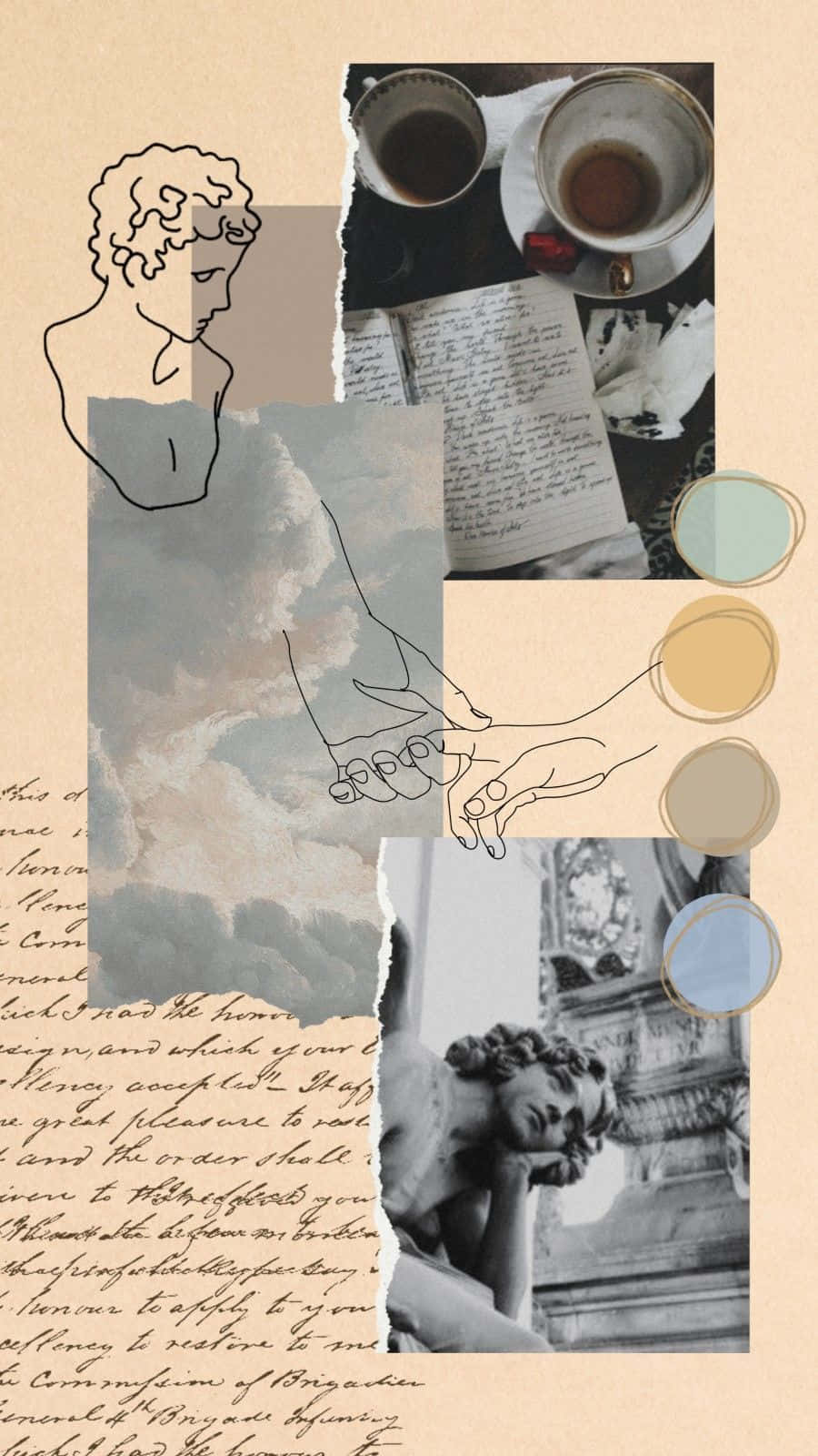 Dark Academia Aesthetic 桌布 壁紙 — 一幅包含咖啡杯、手寫筆記和古典雕塑的復古元素拼貼畫，色調柔和的大地色系。