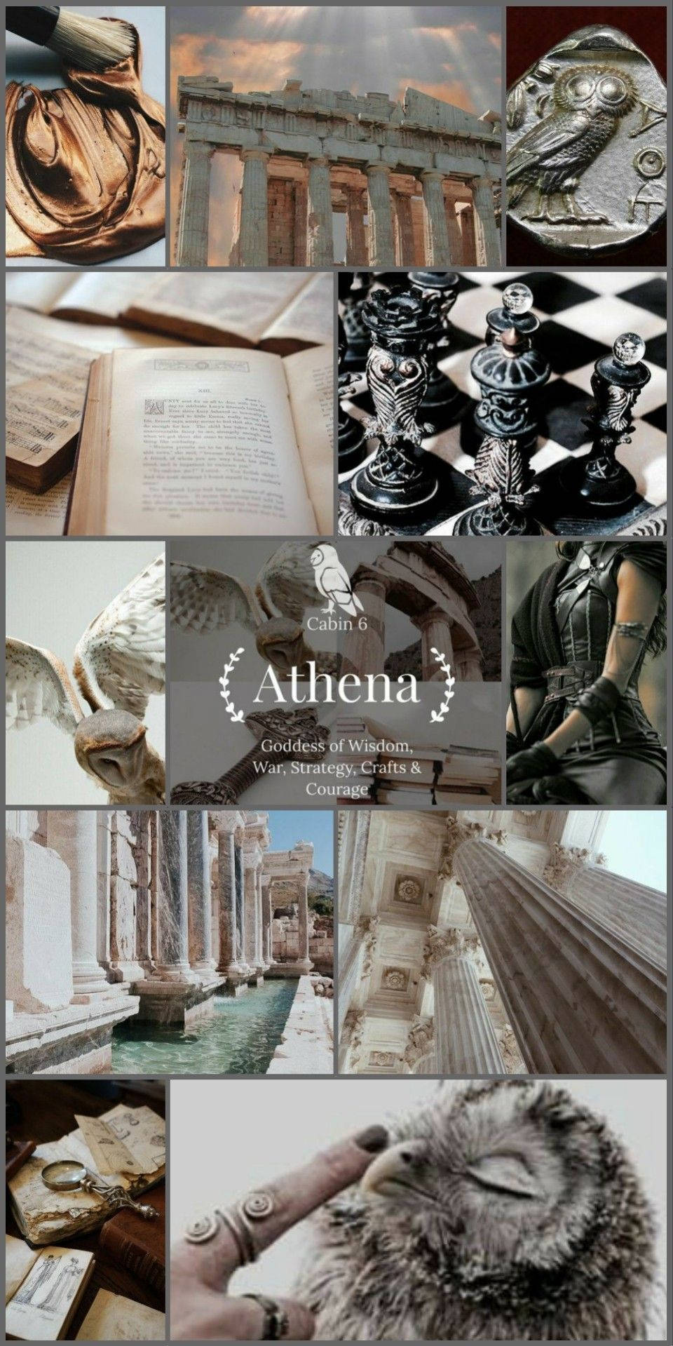 Greek Aesthetic 桌布 壁紙 — 一幅包含貓頭鷹雕像、神廟柱、國際象棋棋子和打開的書籍等古希臘圖案的拼貼畫，喚起智慧與策略。