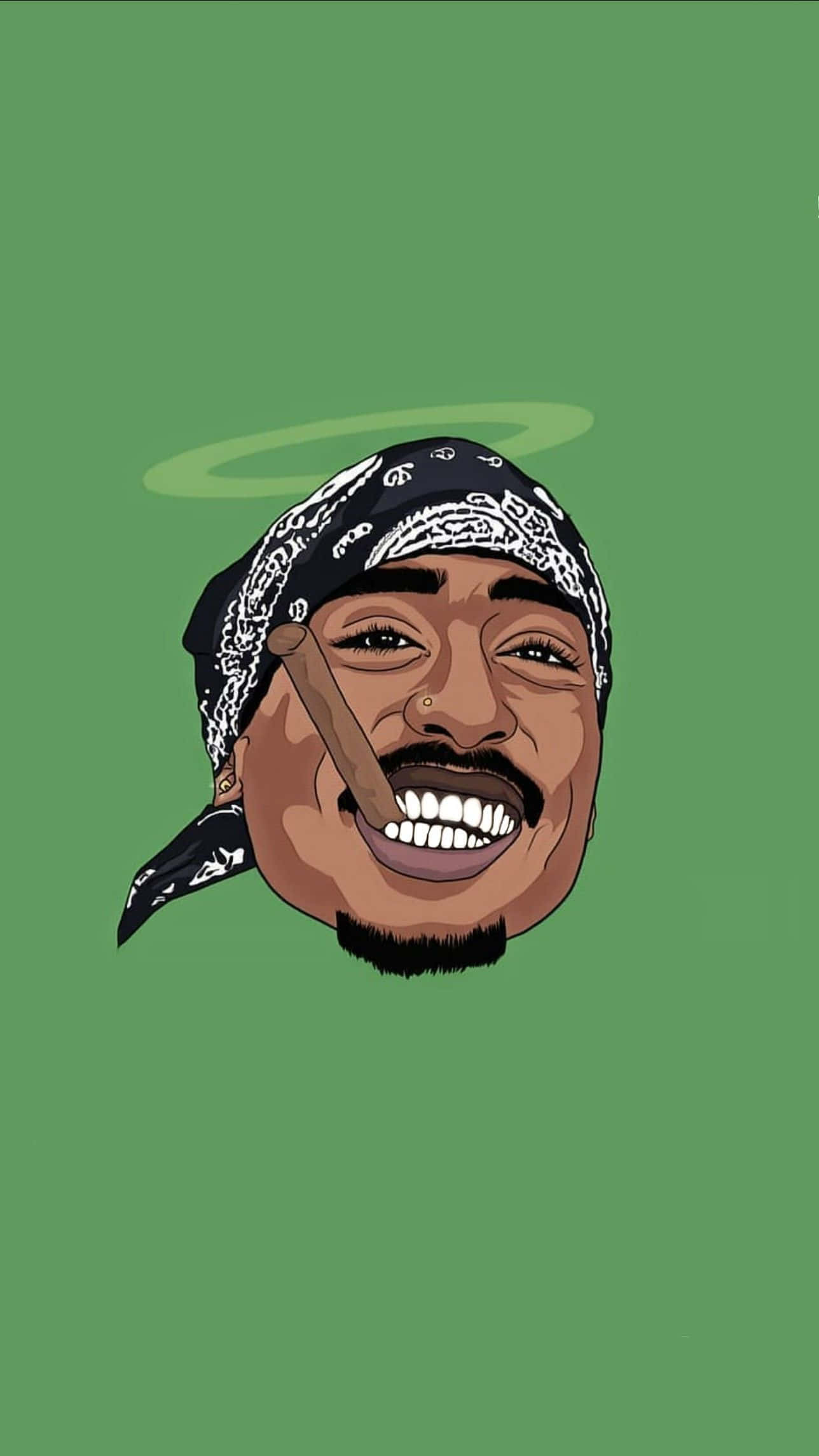 桌布 壁紙 — 一幅卡通插圖，描繪一個戴頭巾、抽雪茄的微笑男子，頭頂光環，漂浮在純綠色背景上。