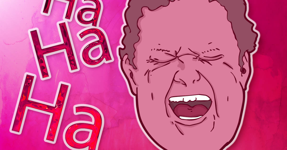 Hahaha 桌布 壁紙 — 一幅卡通插圖，描繪一個男人歇斯底里地大笑，並在充滿活力的粉紅色背景上有粗體紅色字體的「哈哈哈」文字。