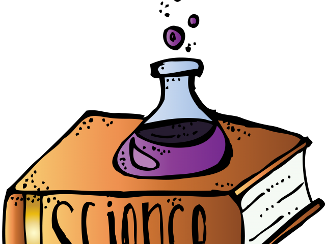 科學 桌布 壁紙 — 一幅卡通插圖，描繪一個紫色藥水在標有「Science」的書本上的燒瓶中冒泡，背景為黑色。