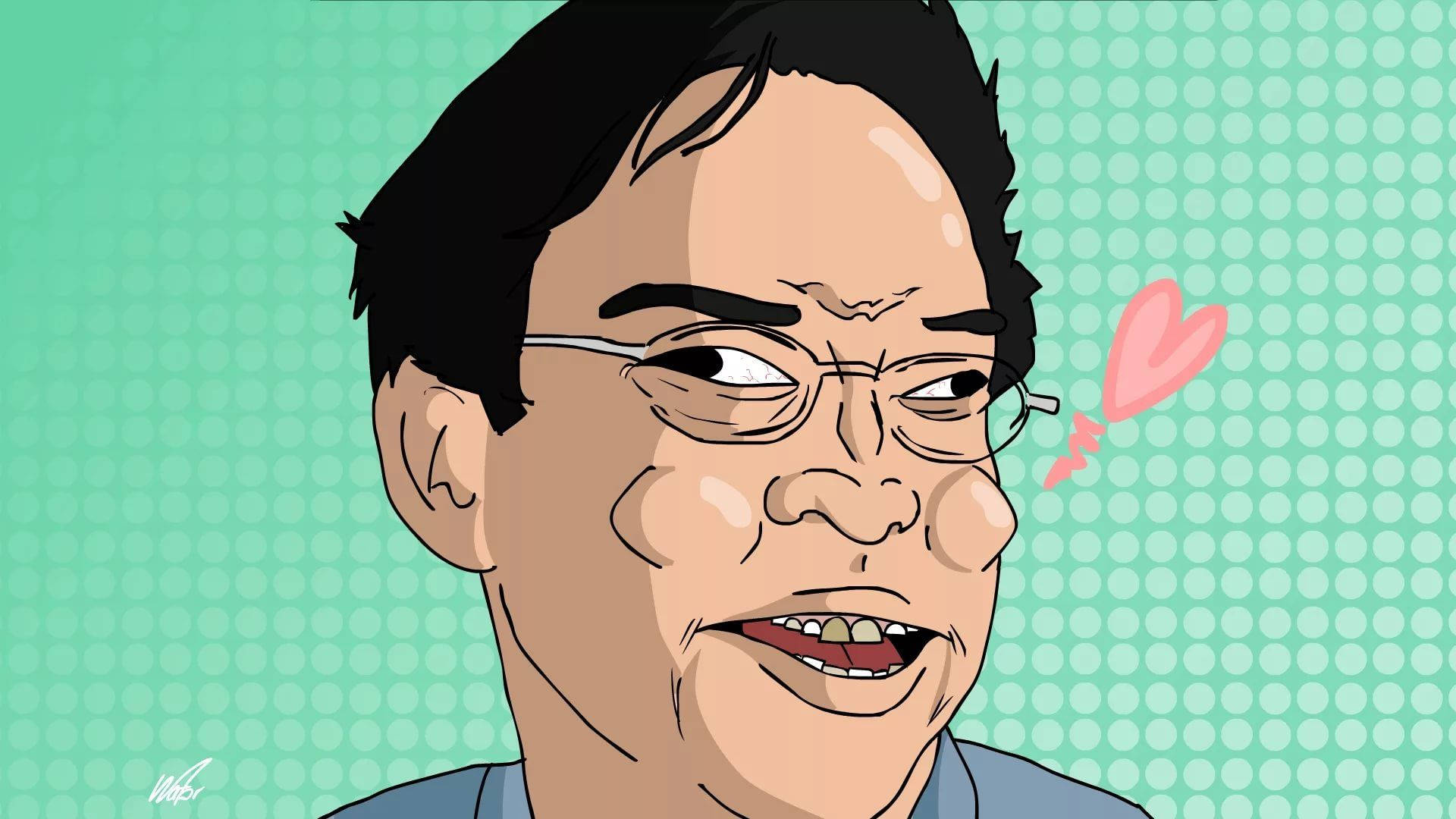 高清 桌布 壁紙 — 一幅卡通插圖，描繪一名戴眼鏡的男子在青綠色圓點背景上咧嘴而笑，旁邊有一個漂浮的粉紅色心形。