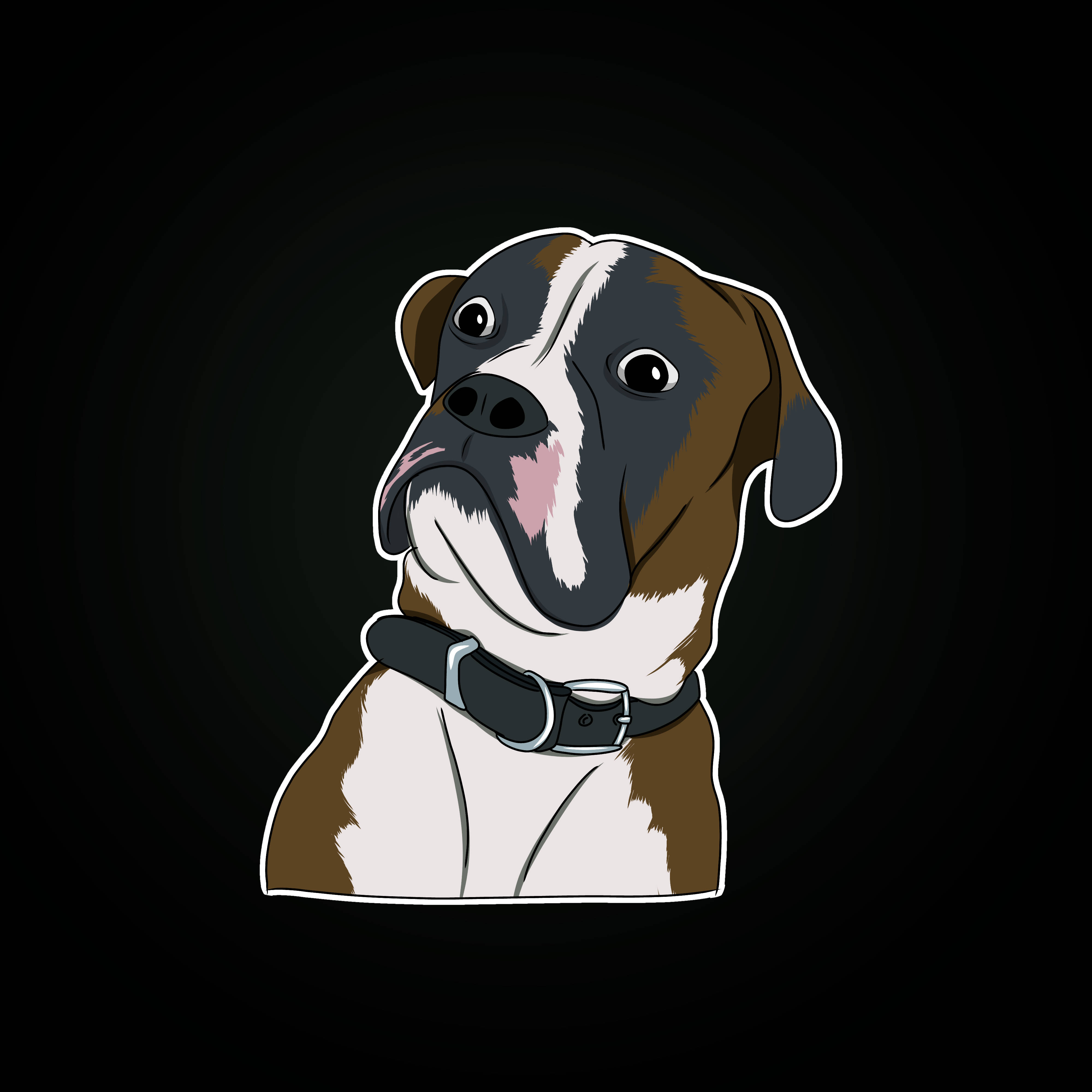 no meme 桌布 壁紙 — 一幅卡通插圖，描繪一隻棕色和白色的拳師犬，戴著黑色項圈，背景為深色。