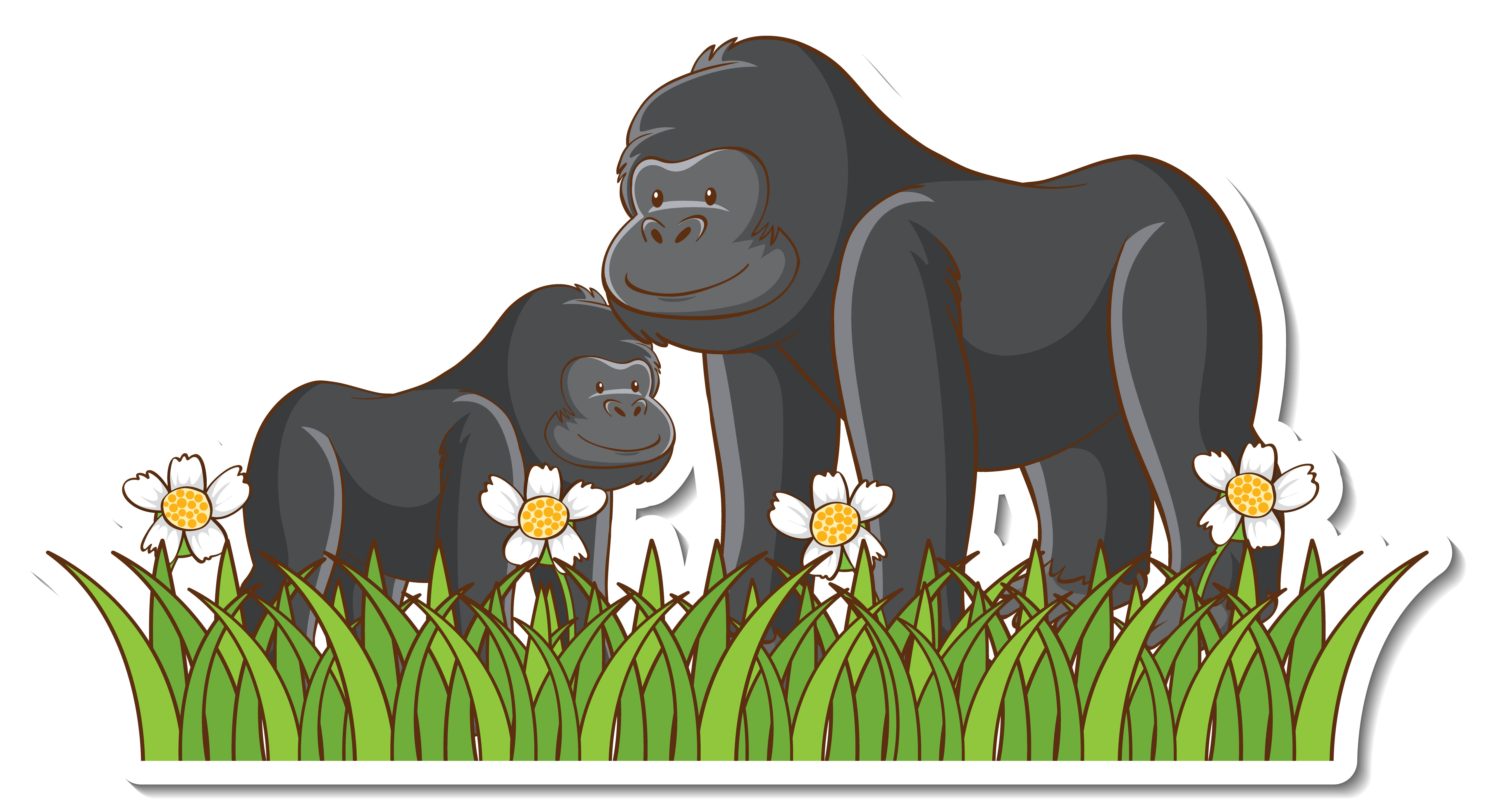 Baby Monkey 桌布 壁紙 — 一幅卡通插圖，描繪一隻母大猩猩和她的寶寶站在有白色雛菊的綠色草地上。