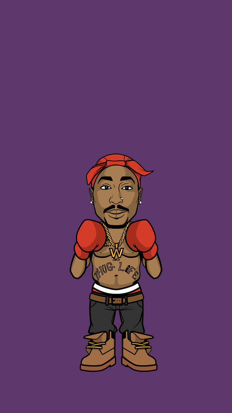 桌布 壁紙 — 一幅卡通插圖，描繪了Tupac Shakur戴着紅色拳擊手套和頭巾，背景為純紫色。