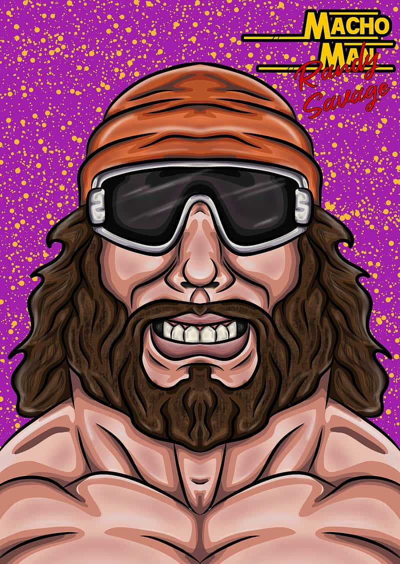 WWE 桌布 壁紙 — 一幅卡通插圖，描繪了肌肉發達、留著棕色長髮、鬍鬚和護目鏡的 Macho Man Randy Savage，背景是斑點紫色。