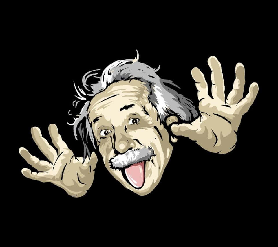 搞笑 桌布 壁紙 — 一幅卡通插圖，描繪阿爾伯特·愛因斯坦頭髮蓬亂，伸出舌頭，雙手舉起，在黑色背景前表現出頑皮的驚訝。