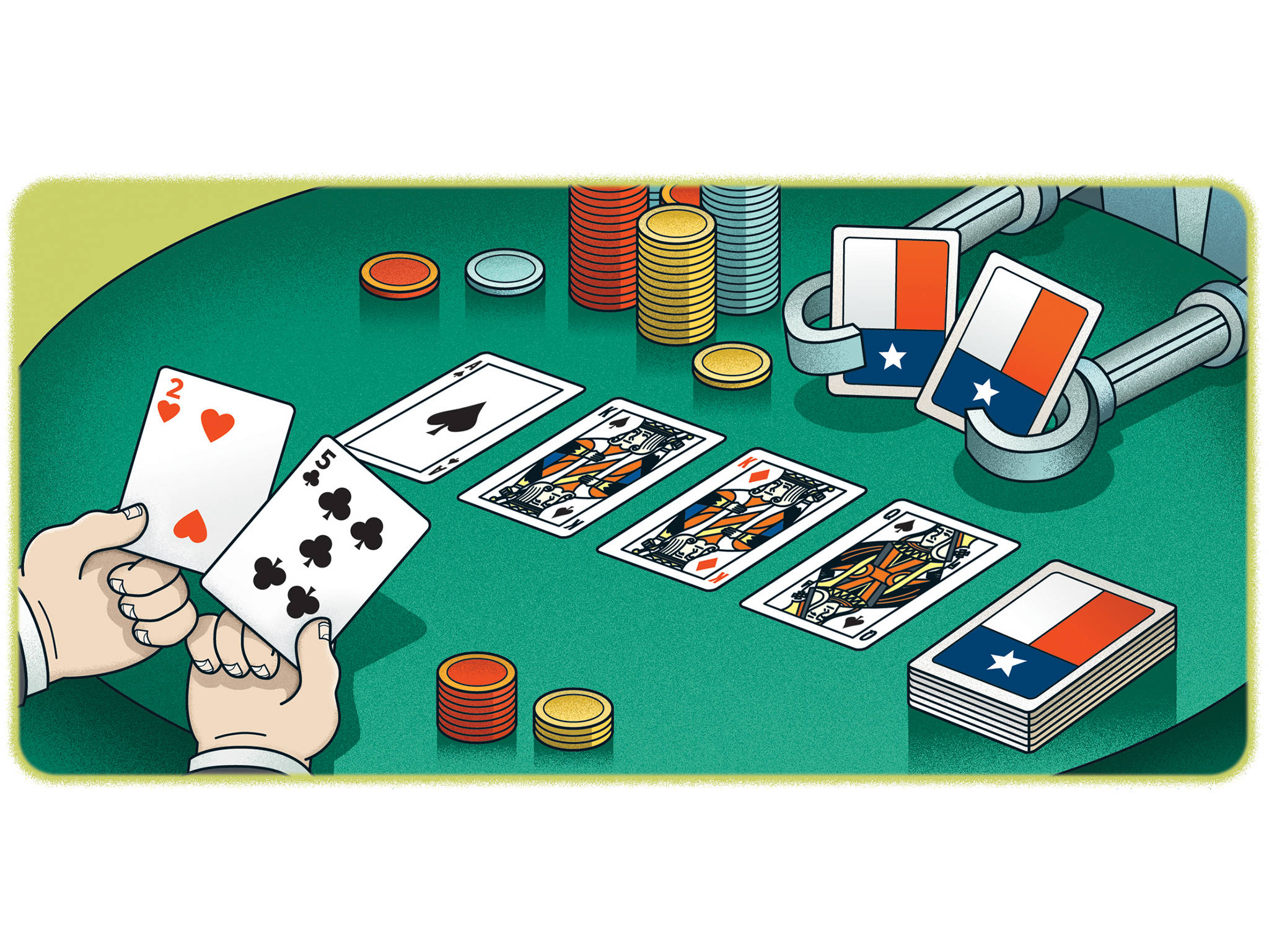 Playing Cards 桌布 壁紙 — 一幅卡通插圖，描繪雙手在綠色氈桌上拿著撲克牌，桌上還有籌碼和德州主題的撲克牌。