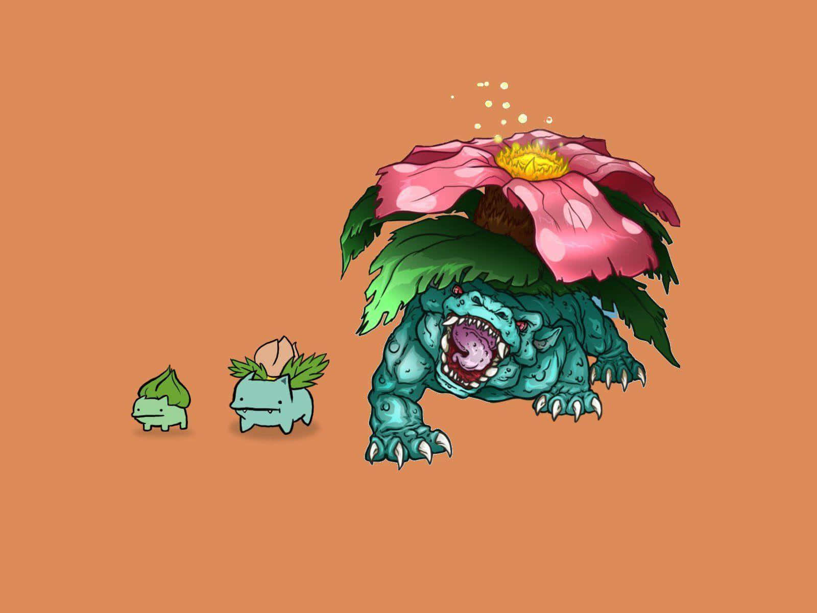 寶可夢 桌布 壁紙 — 一幅卡通插圖展示了基於植物的Pokémon家族的三個進化階段，背景為純橙色。