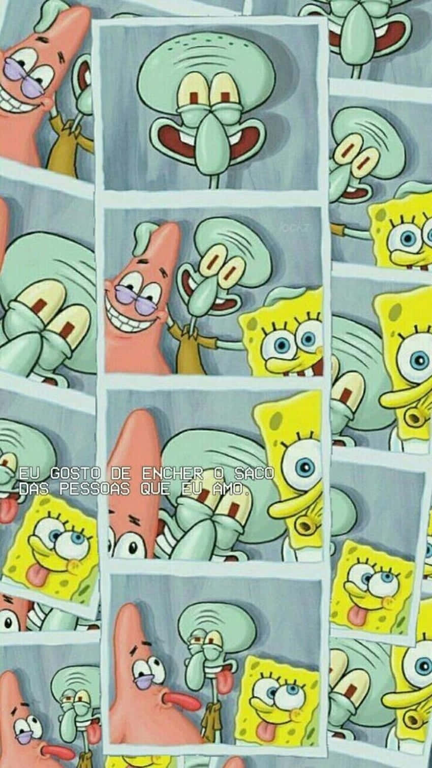 Aesthetic Spongebob 桌布 壁紙 — 一幅卡通面板拼貼畫， featuring SpongeBob、Patrick 和 Squidward 以富表現力、幽默的姿勢呈現，並附有葡萄牙語文字。