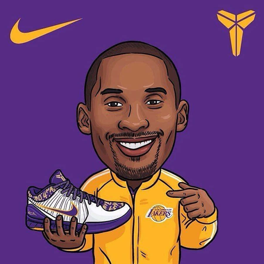 科比· Bryant 桌布 壁紙 — 一幅卡通風格插圖，描繪柯比·布萊恩微笑著手持紫色和金色的湖人隊運動鞋，背景為紫色，並帶有Nike和Kobe標誌。