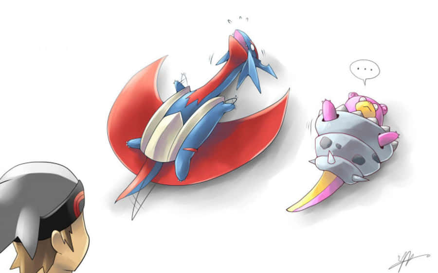 Salamence 桌布 壁紙 — 一幅卡通風格插圖顯示一隻藍紅色的龍型寶可夢在紅色新月上翱翔，而一隻灰色裝甲、有粉紅色角的寶可夢在旁觀看。