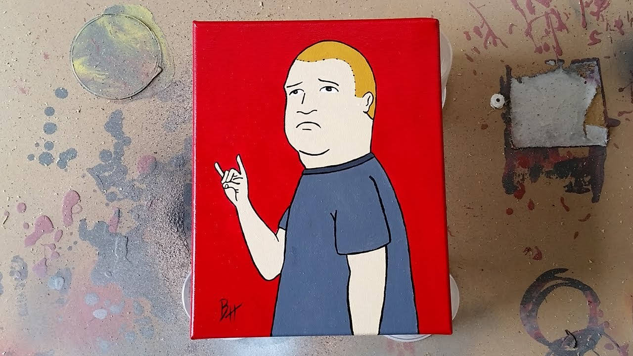 Bobby Hill 桌布 壁紙 — 一幅卡通風格畫作，描繪一名金髮藍衫男子在紅色背景前做出手勢。