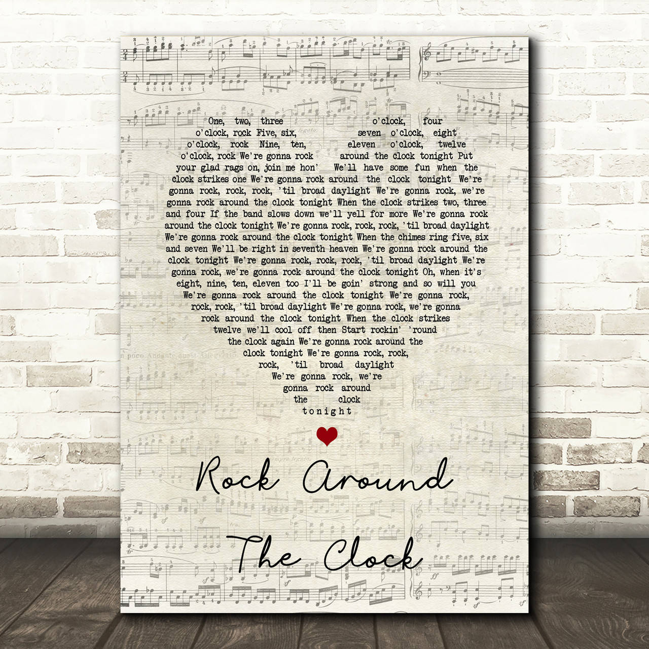 poster 桌布 壁紙 — 一幅印有歌曲《Rock Around the Clock》歌詞和樂譜的復古風格帆布印刷品，掛在白色磚牆上，下方是木地板。