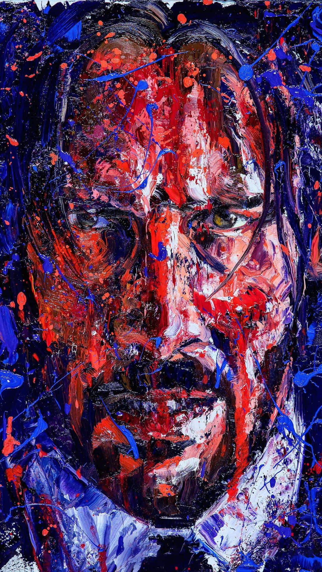 基努·李維 桌布 壁紙 — 一幅原始情感肖像，描繪一名眼神銳利的男子，以大膽的紅色、藍色和黑色顏料潑濺及厚重筆觸呈現。