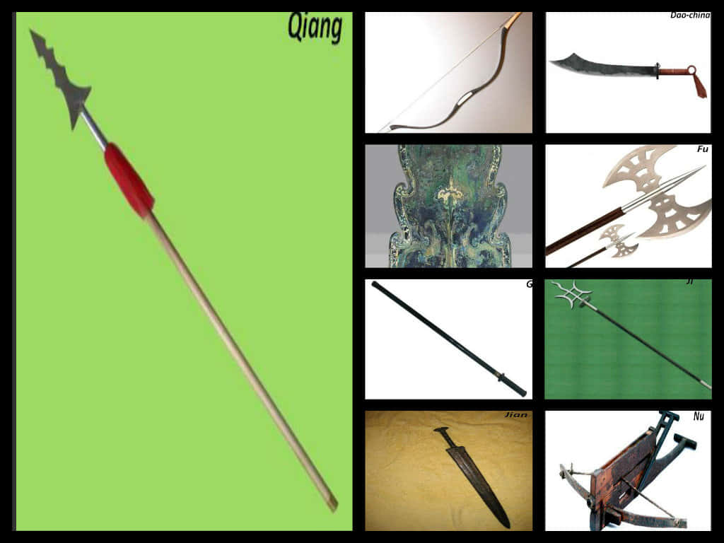 Ancient Weapons 桌布 壁紙 — 一幅古代中國武器的拼貼畫，包括紅色手柄的戟、弓、刀、斧、矛、劍和弩，背景為純色。