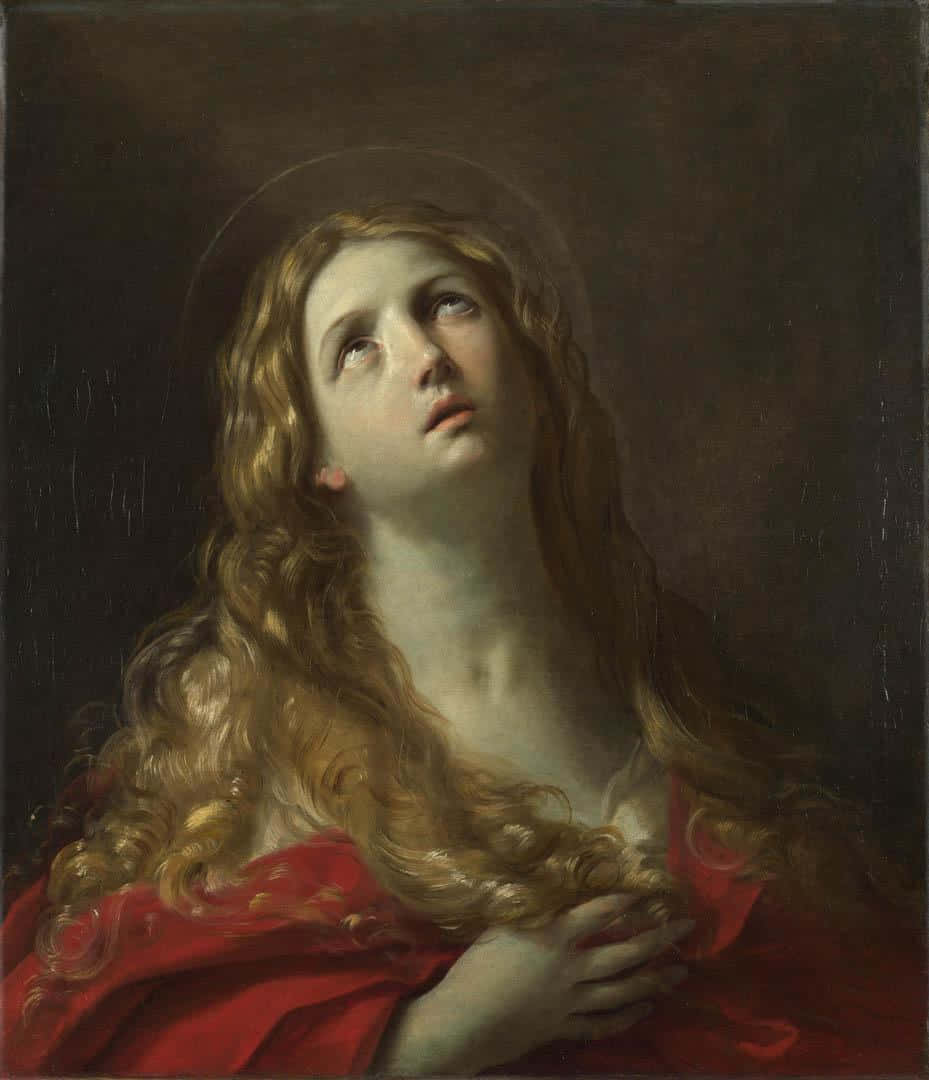 Mary Magdalene 桌布 壁紙 — 一幅古典油畫，描繪一位金色捲髮、身穿紅袍的聖人，在深色背景下仰望。