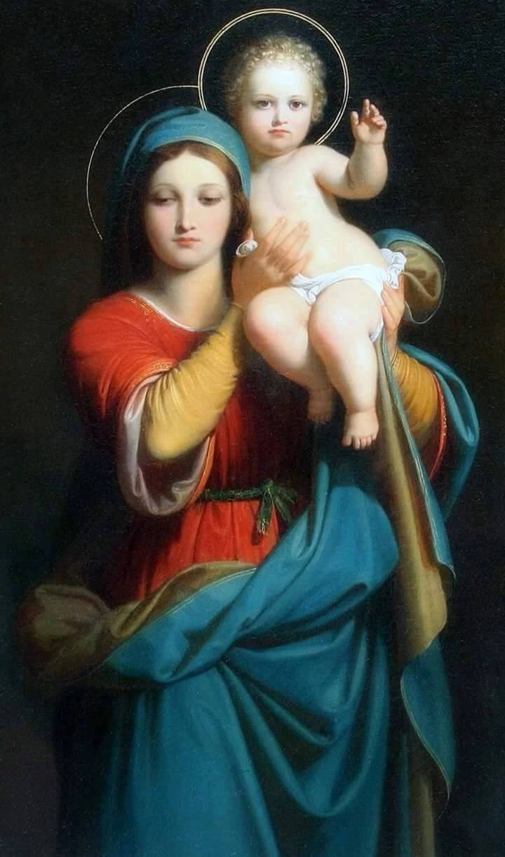 Mary 桌布 壁紙 — 一幅古典油畫，描繪聖母瑪利亞身穿紅裙和藍色面紗，懷抱基督聖嬰，兩者頭頂光環，背景深色。