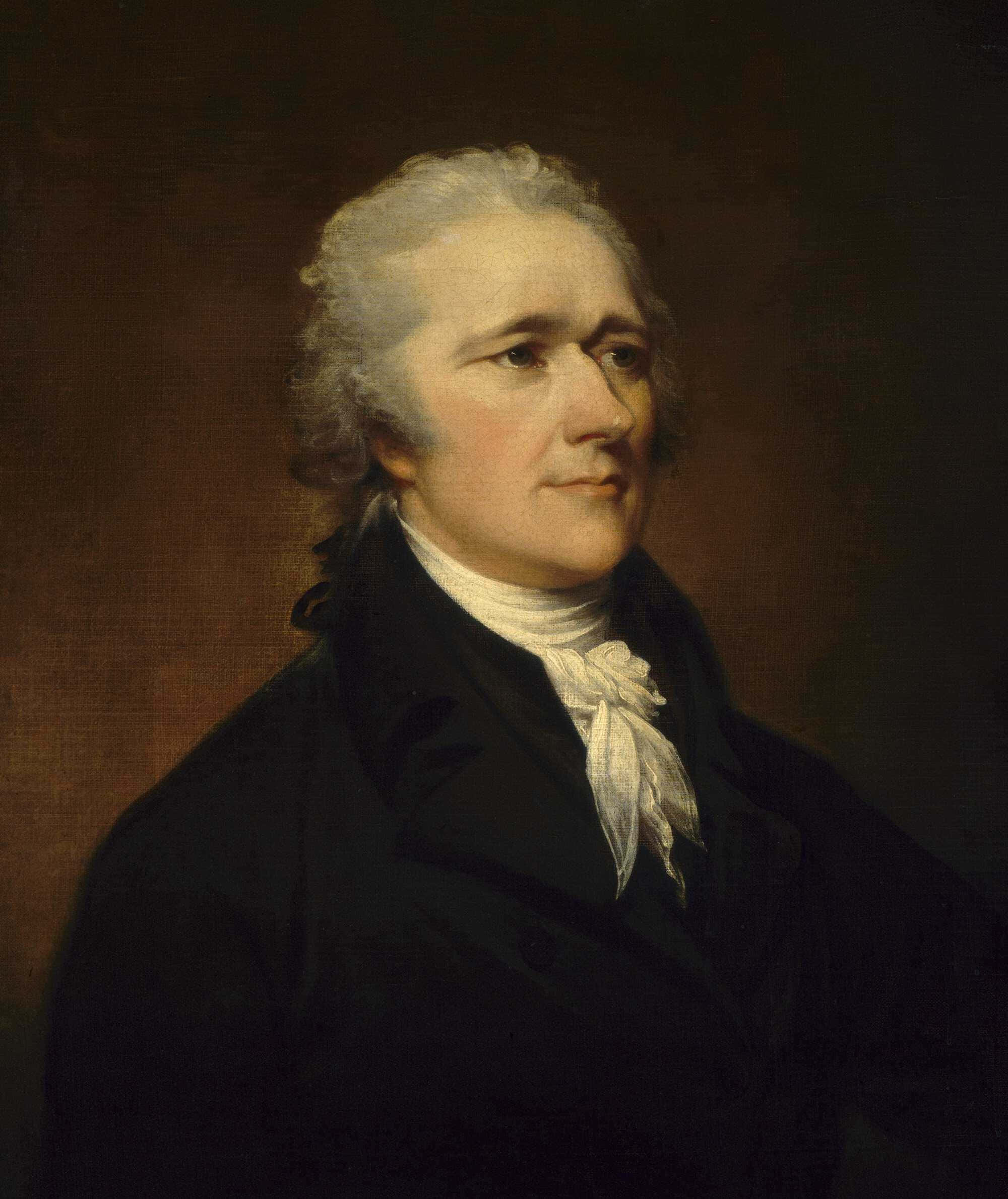 Alexander Hamilton 桌布 壁紙 — 一幅古典油畫肖像，描繪一位白髮男子穿著黑色外套和白色領巾，背景為深棕色。