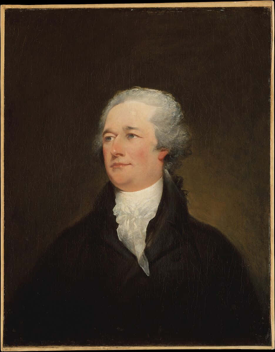 Alexander Hamilton 桌布 壁紙 — 一幅古典油畫肖像，描繪一位頭髮撲粉的灰髮男子，身穿黑色外套和白色領巾，背景深色。