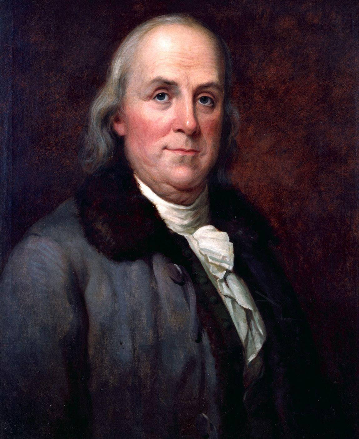 Franklin 桌布 壁紙 — 一幅古典油畫肖像，畫中灰髮男子身穿深色大衣，配有毛領和白色領巾，背景為濃郁的棕色。
