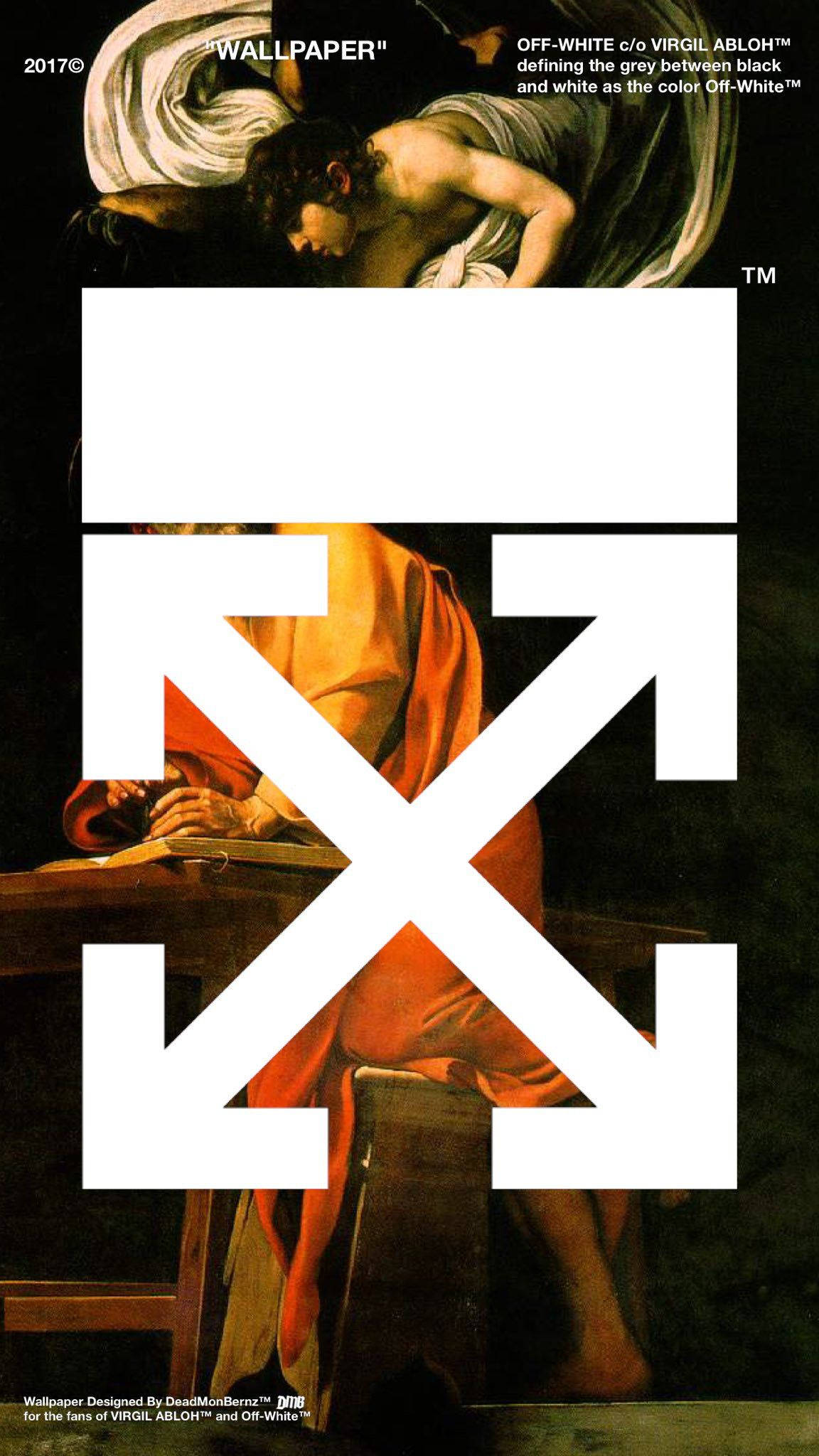 Off White Logo 桌布 壁紙 — 一幅古典的披布人物畫作，上面覆蓋著大膽的白色Off-White標誌，呈現出鮮明的現代設計。
