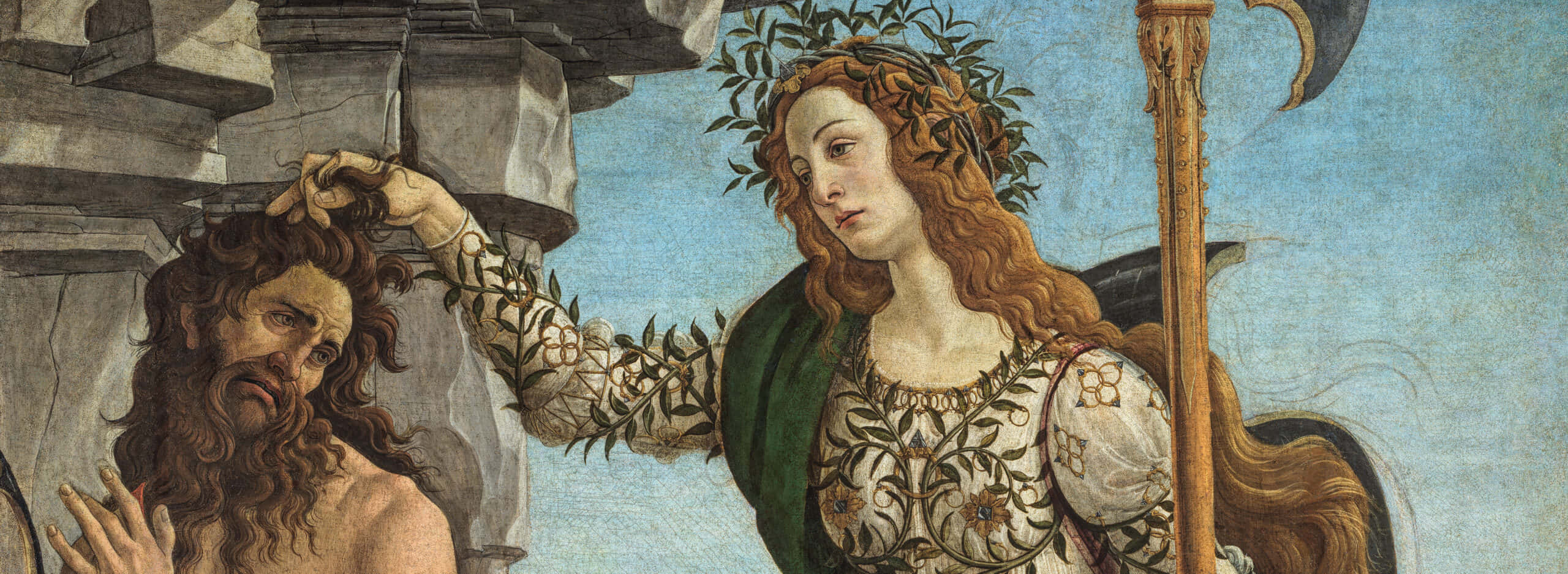 Renaissance 桌布 壁紙 — 一幅古典繪畫描繪一位戴著月桂花環的女子，在石造建築背景下輕輕觸摸一位鬍鬚男子的頭髮。